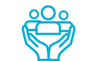 Icon of two hands embracing three people silhouettes 