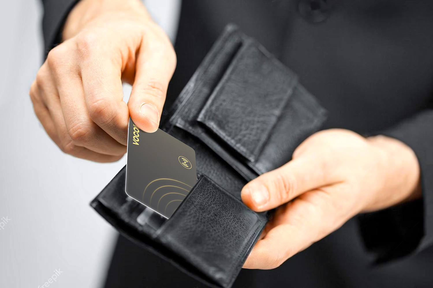 person taking a card out of their wallet