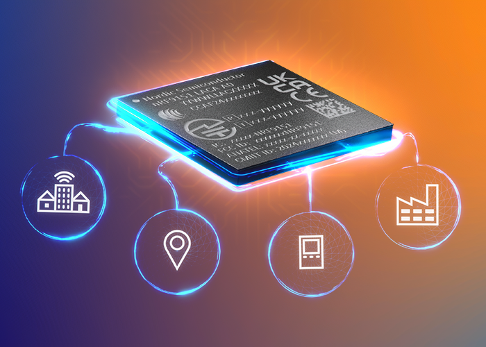 nRF9151 SiP in perspective on colored background 
