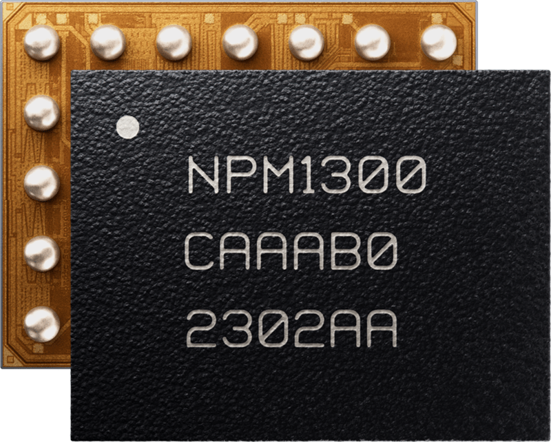 Front of an IC saying NPM1300, CAAAB0, 2002AA, with back showing BGA pads