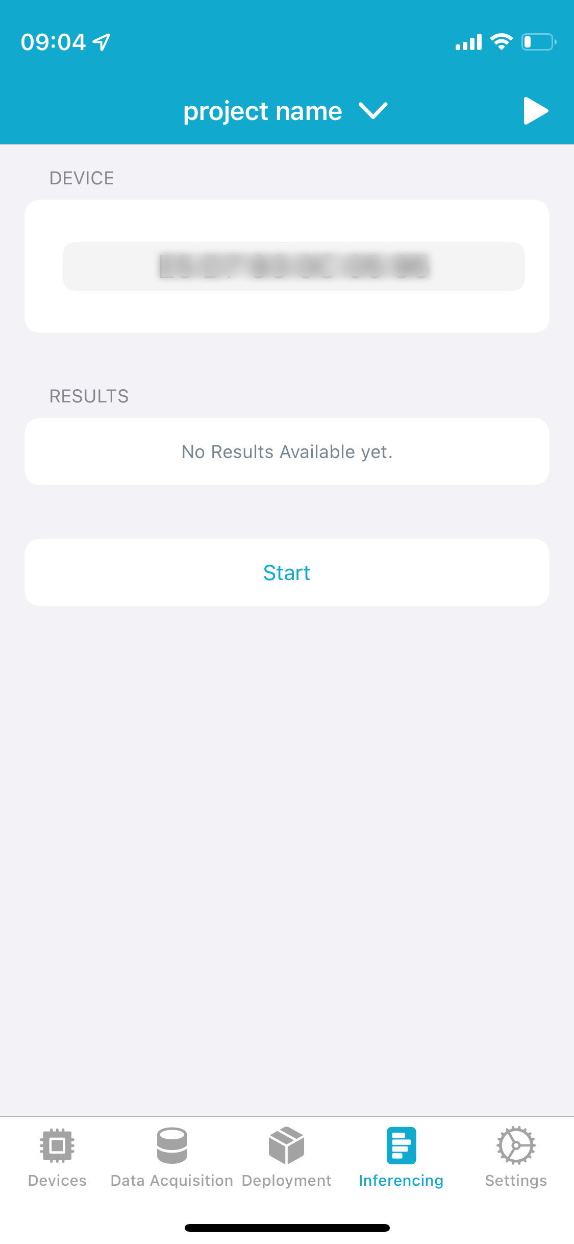 Inferencing tab in the nRF Edge Impulse app 