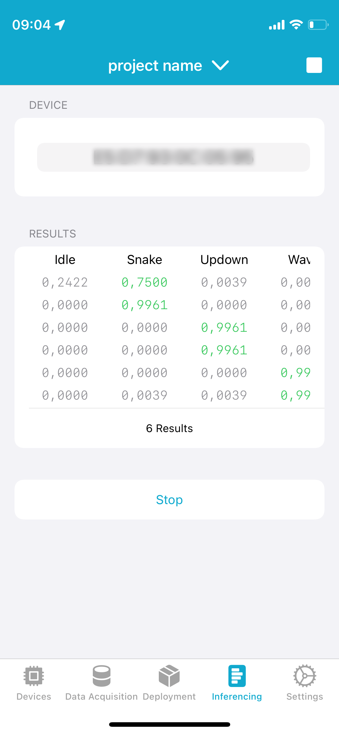 Inferencing results in the nRF Edge Impulse app
